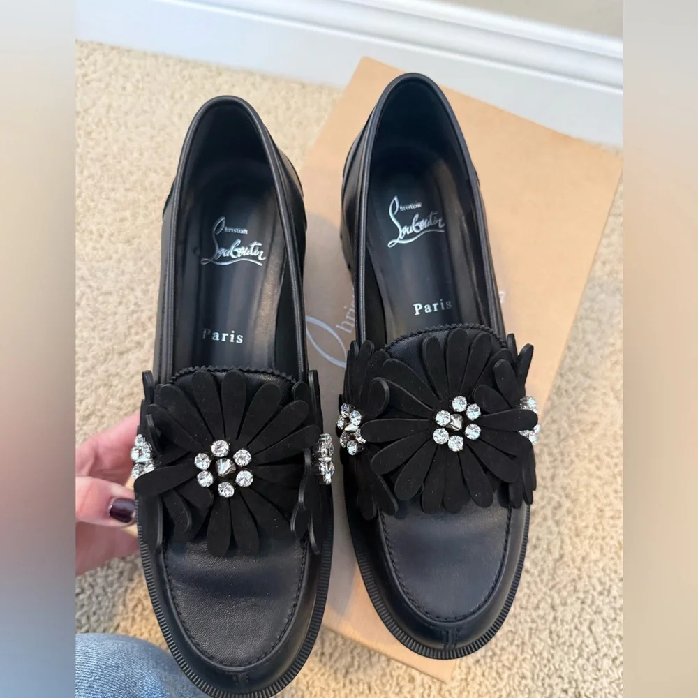 Christian Louboutin Black Loafers with Floral Embellishments - Picture 10 of 11